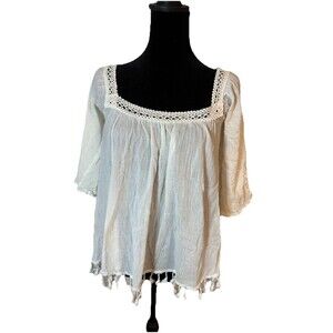 Yuni Apparel Sz S Boho Hippie Flowy Top Ivory With Tassels & 3/4 Sleeves Crochet